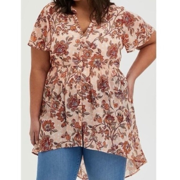 torrid Tops - Torrid Lexie Babydoll Pink Floral Sheer Chiffon Tunic Blouse